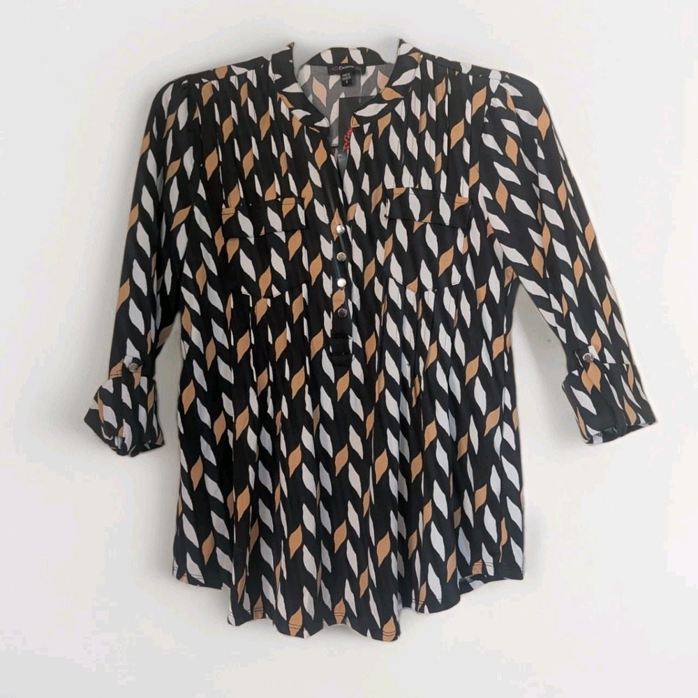 Cocomo Womens Blouse Small 3/4 Roll Tab Sleeve Diamond Geometric Print NWT